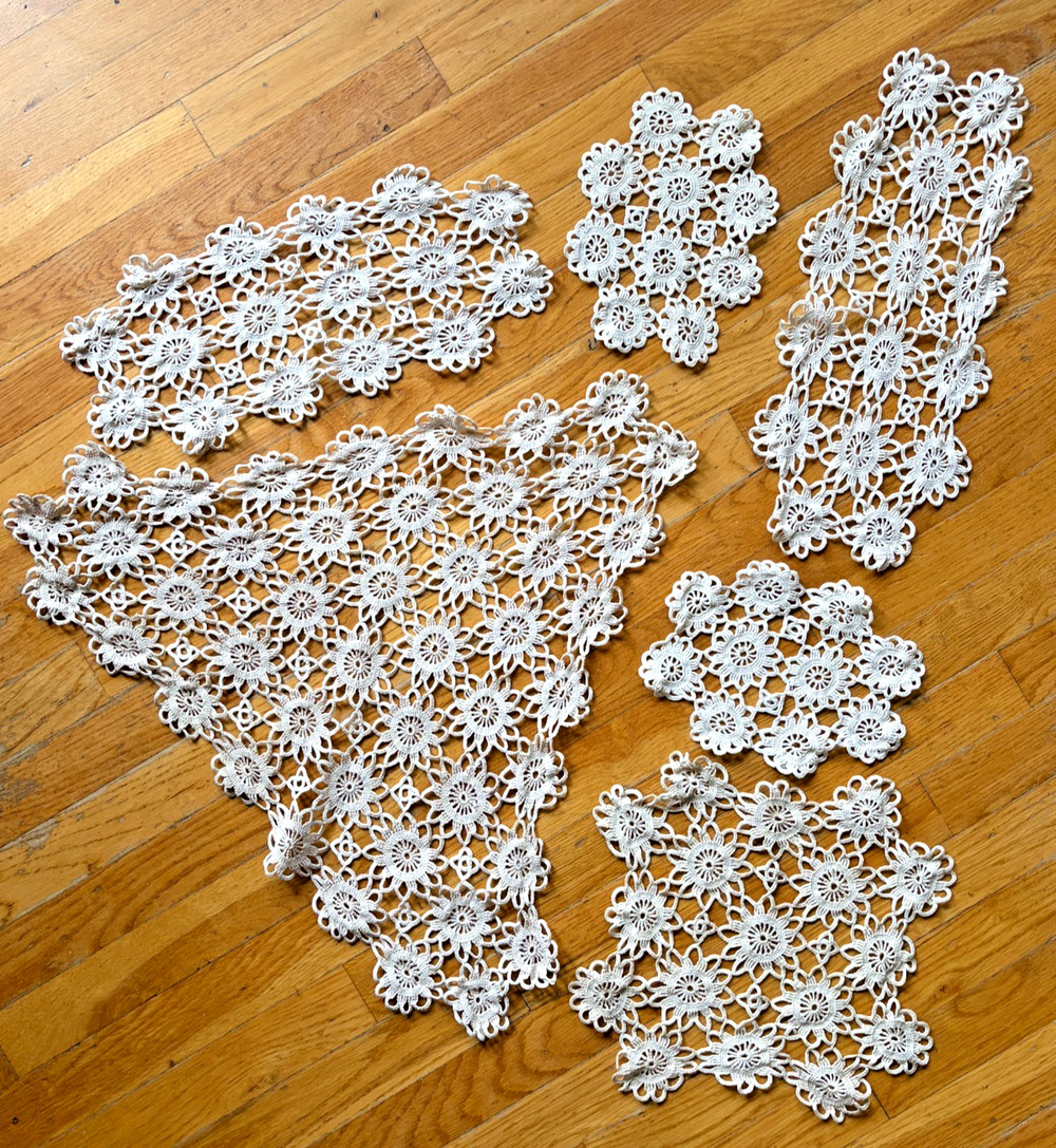 Crochet Doily Set Floral Lace Cotton 6pc Lot Triangle Runner 23in Vintage